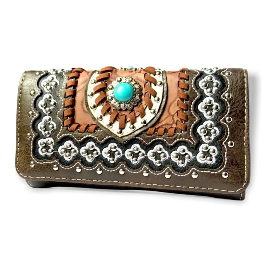 1️⃣LEFT New Hand Tooled Western Turquoise Silver Stud Wristlet Wallet Clutch Bag - Picture 2 of 8